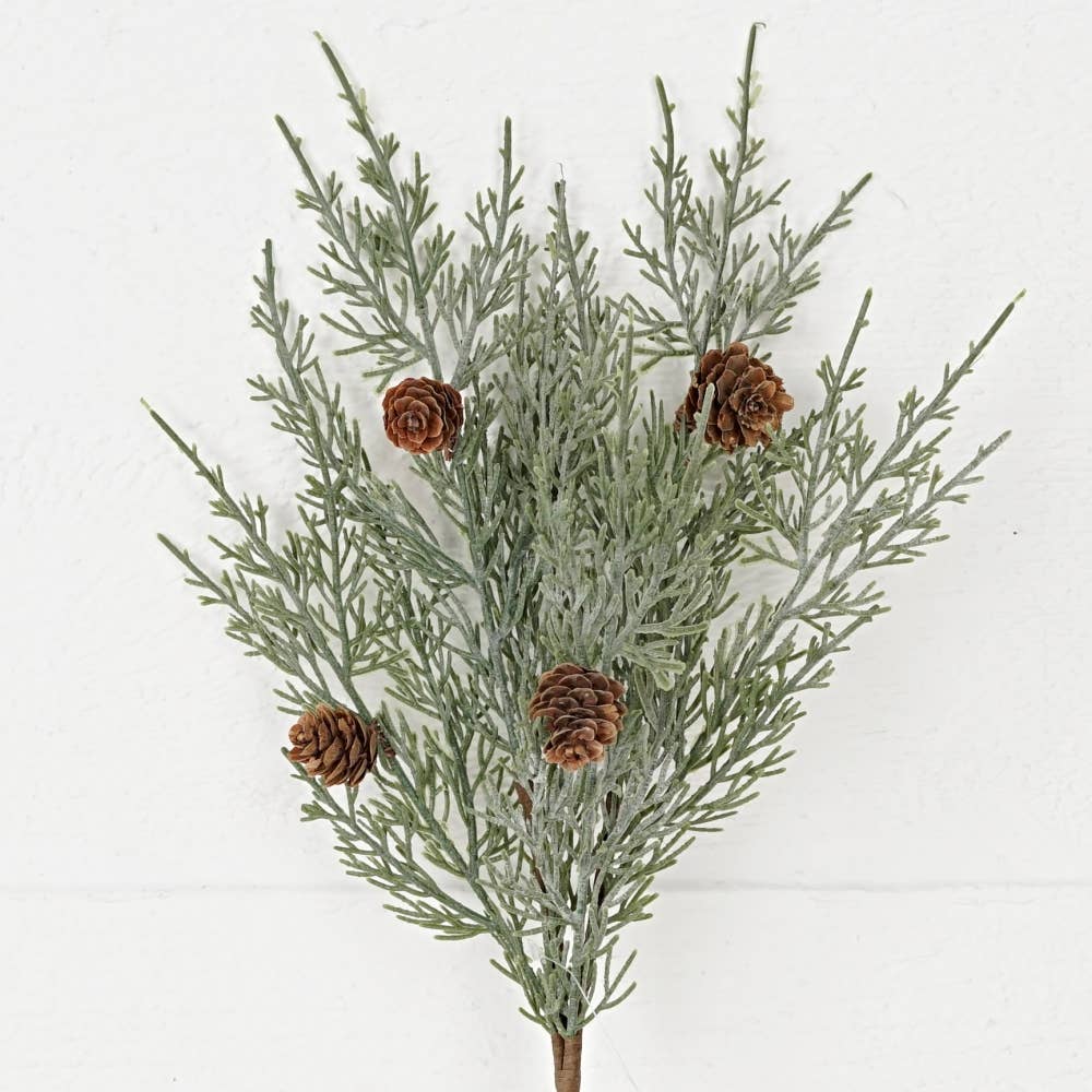 32086-18in Bush-Flocked sage Cedar w. birchcones