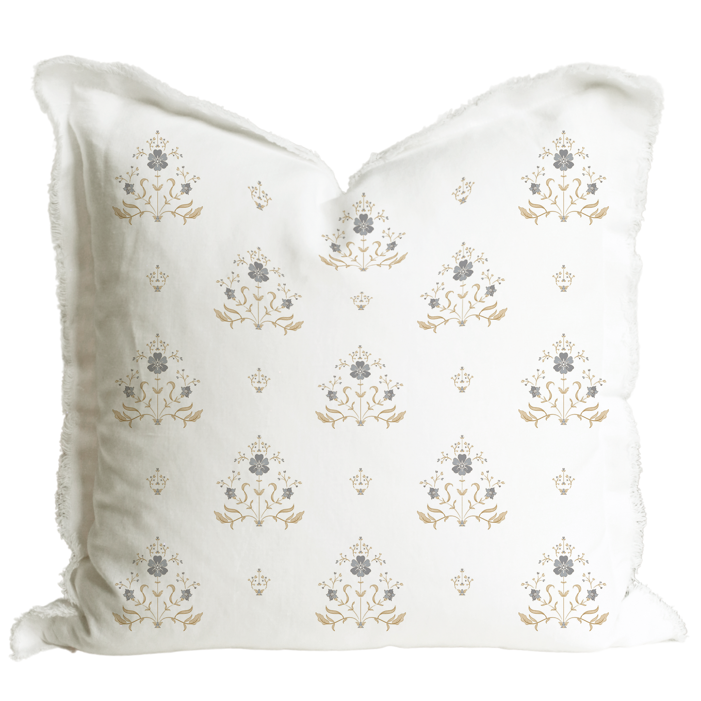 Hand Block Floral Fringe Pillow Cover | Sutton: Natural Fringe / Gray Floral