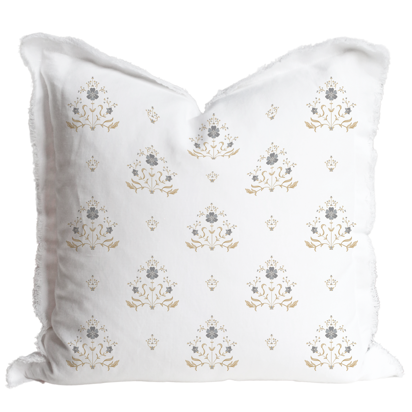 Hand Block Floral Fringe Pillow Cover | Sutton: Natural Fringe / Gray Floral