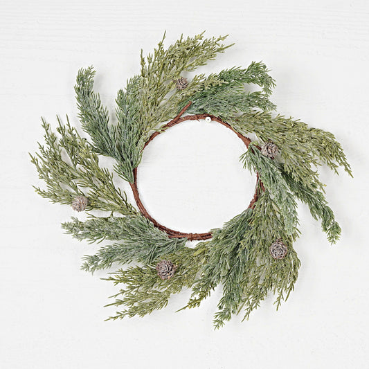ISB75332- 14in Icy Sparkled Cedar Pine Wreath