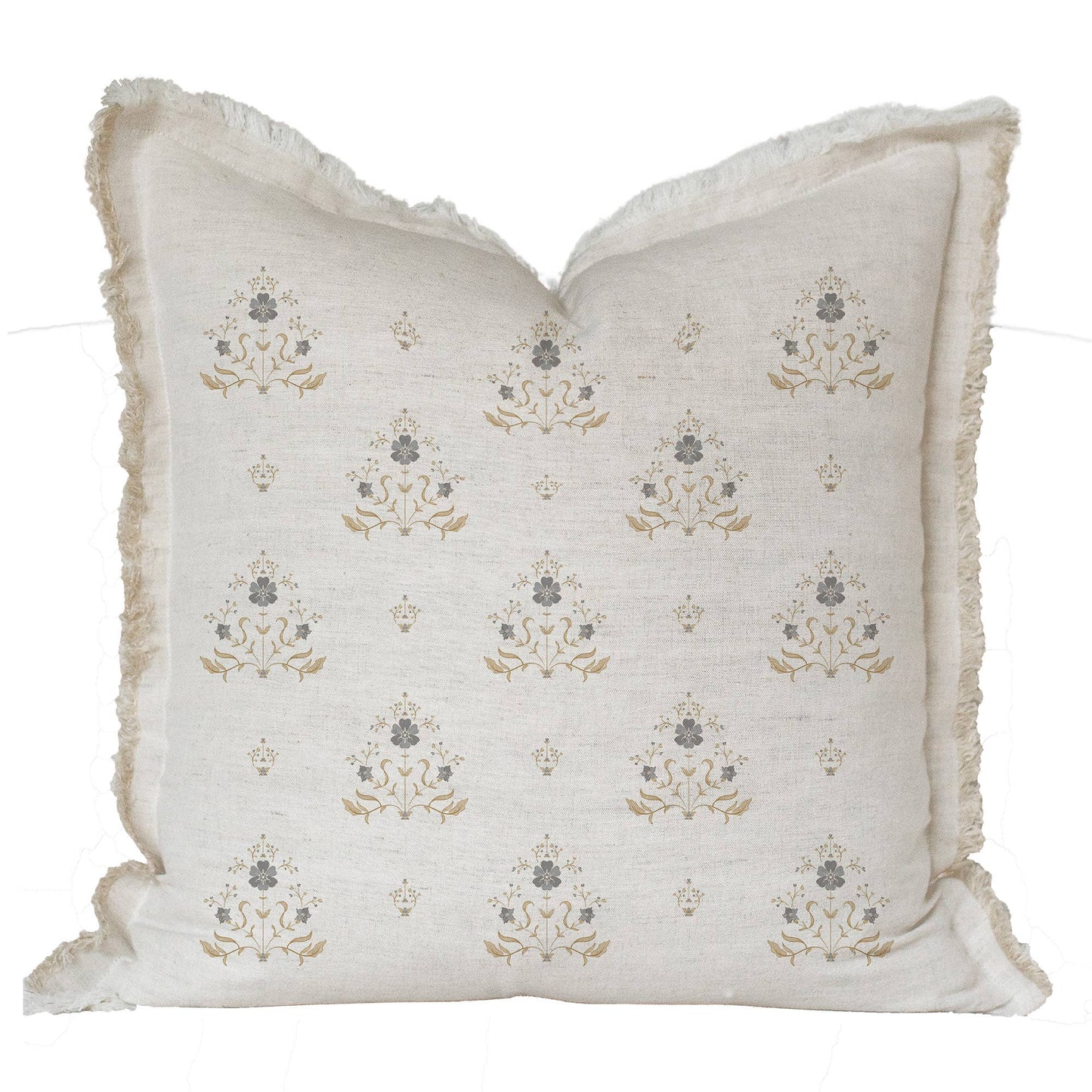 Hand Block Floral Fringe Pillow Cover | Sutton: Natural Fringe / Gray Floral
