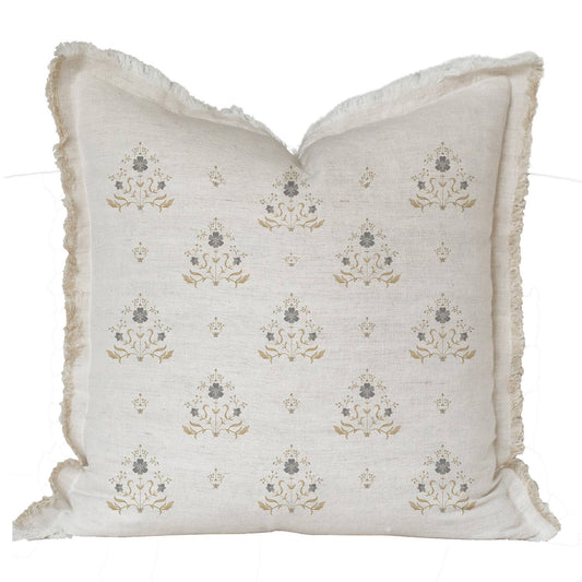 Hand Block Floral Fringe Pillow Cover | Sutton: Natural Fringe / Gray Floral