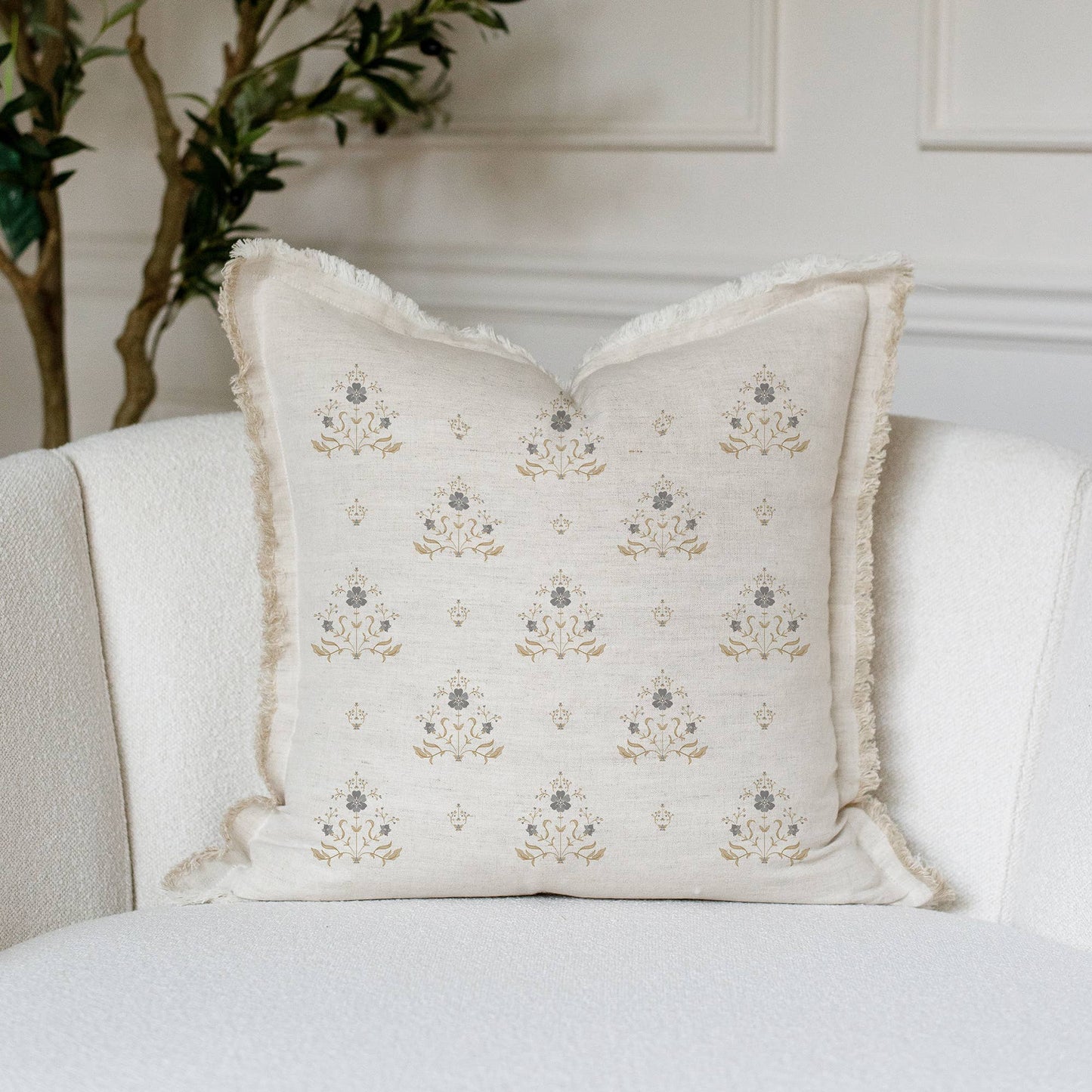 Hand Block Floral Fringe Pillow Cover | Sutton: Natural Fringe / Gray Floral